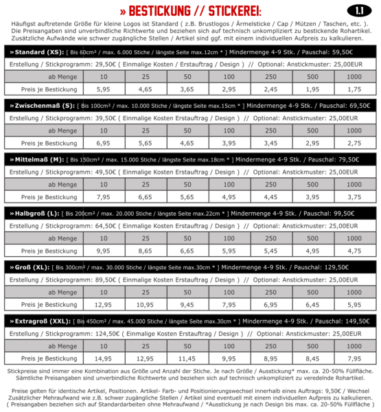 Preisliste Bestickung Stickerei Produktion Stick