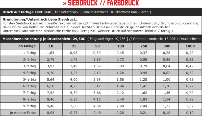 Preisliste Siebdruck Farbdruck Schablonendruck Sieb Druck